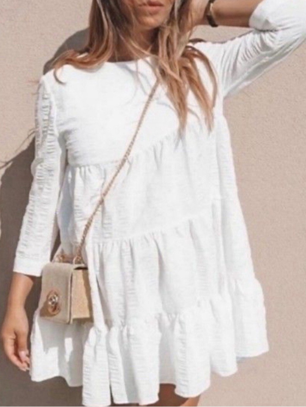 Zara White Tiered Mini Dress with Long Sleeves